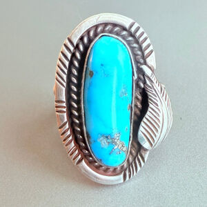 Native American Old Pawn Morenci Turquoise Feather Sterling Silver VTG Ring